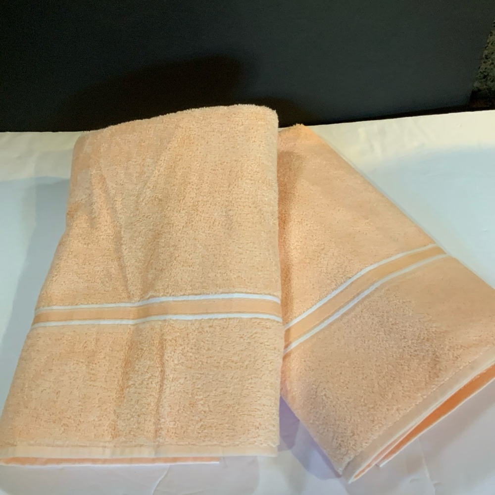 Vintage Utica Fine Arts Pipeline Bath Towels Peach Set 2 USA NOS